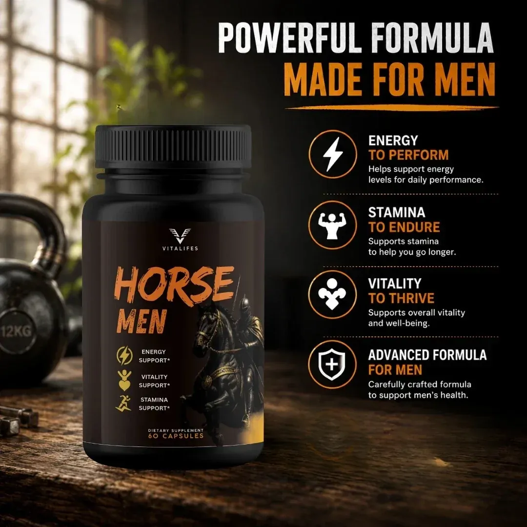 Horsemen bottle on a gym bench next to a kettlebell with four benefit icons
